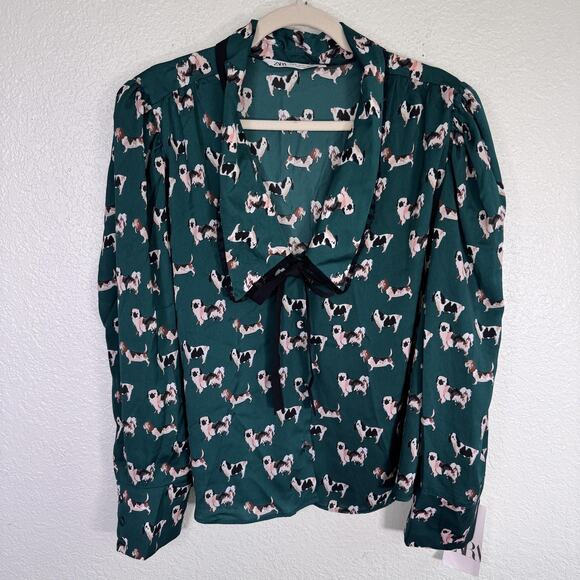 Zara Top Womens XL Dog Print Bow Button Blouse Novelty New Green Blogger Fave - Picture 1 of 13